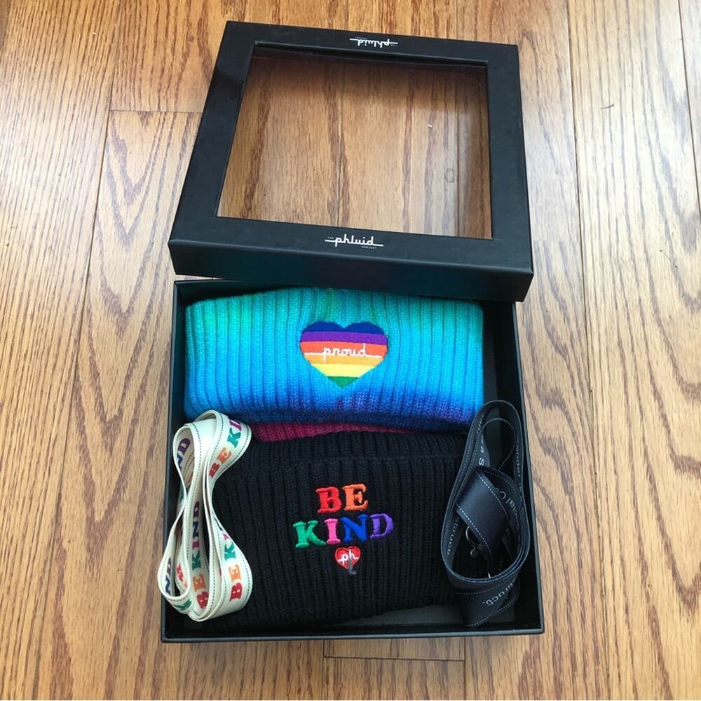 THE PHLUID PROJECT Be Kind Be Proud Beanies Black Rainbow & Laniard gift Set